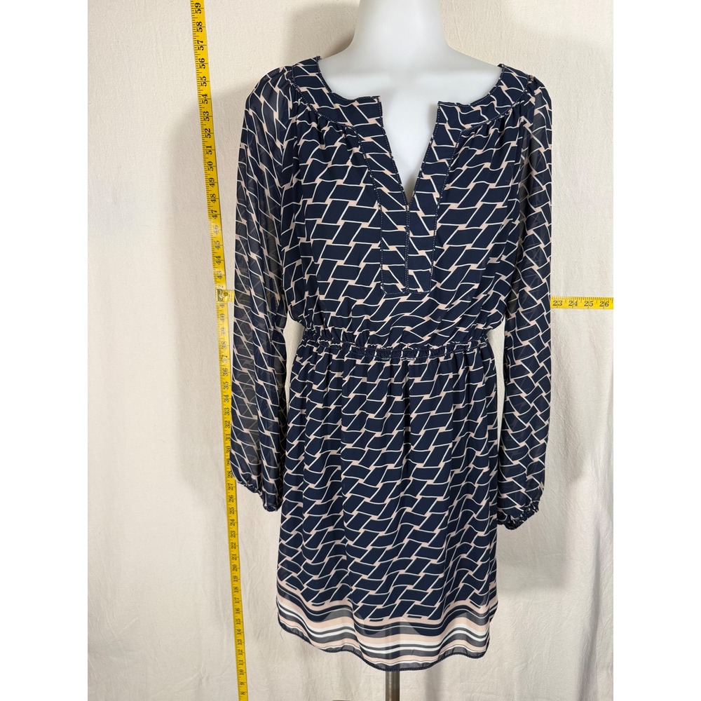 Max Studio Mini Dress Small Navy Blue Chic Geometric Flowy Sheer Long Sleeve